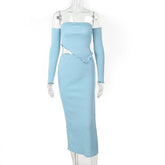Solid ribbed off shoulder ruffle slit irregular midi skirt set